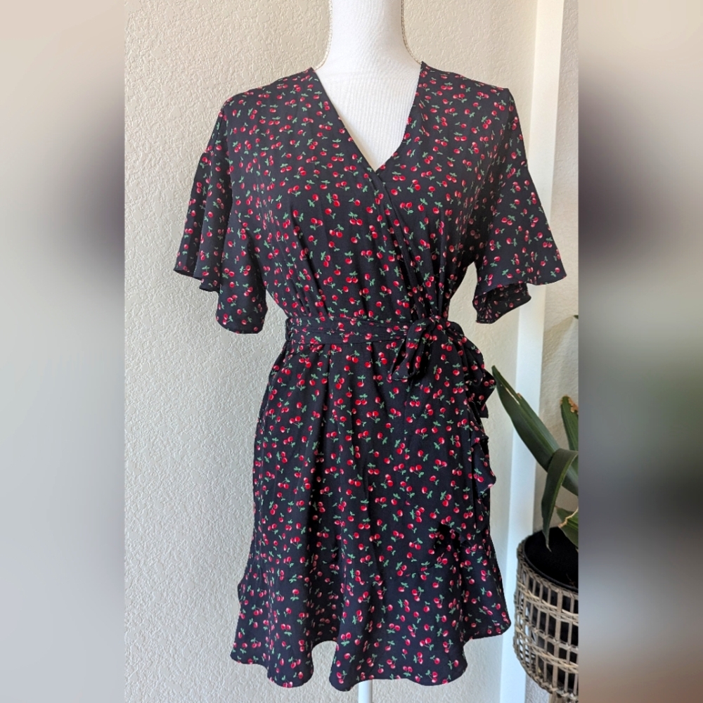 NWT Cherries Print Sugar + Lips Wrap Dress Ruffle Hem XSmall